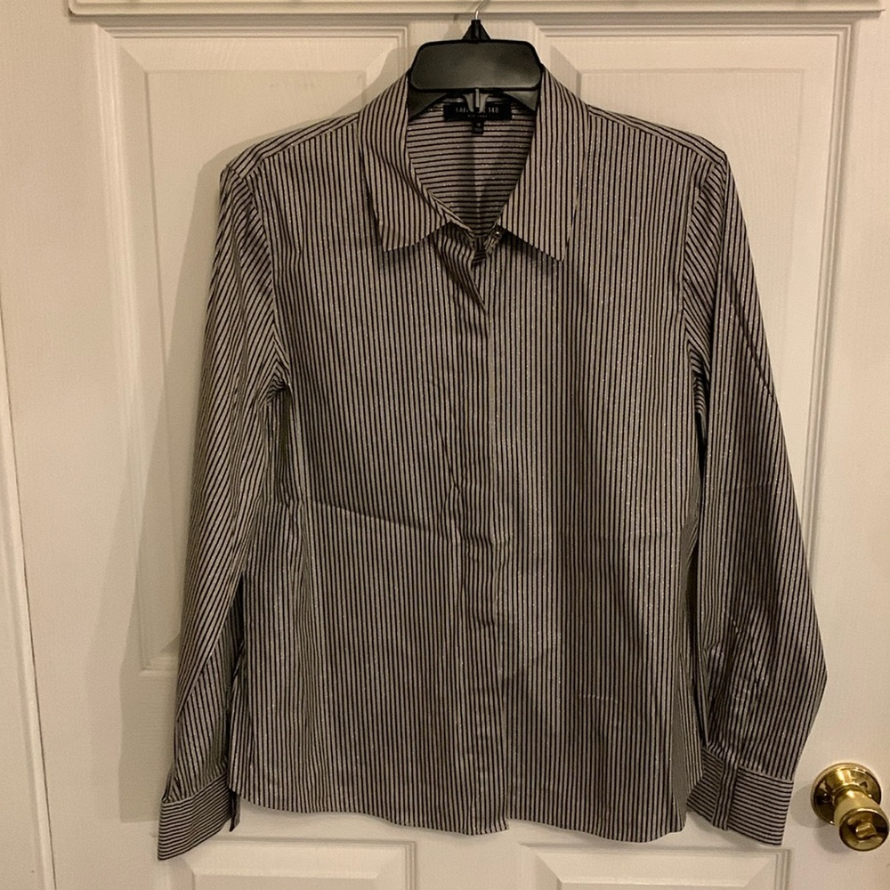 LAFAYETTE 148 NY Stripe Shimmer Button Down Long Sleeve Blouse Black Beige SZ 10 - Picture 1 of 16
